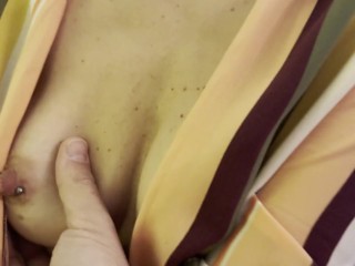 Wife exposing boobs and big pierced nipples while having coffee in a bar public