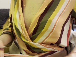 Wife exposing boobs and big pierced nipples while having coffee in a bar public