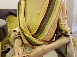 Wife exposing boobs and big pierced nipples while having coffee in a bar public