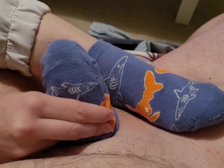 Socksjob with Blue and Orange Shark socks - Onlyfans Mistress Darkshine