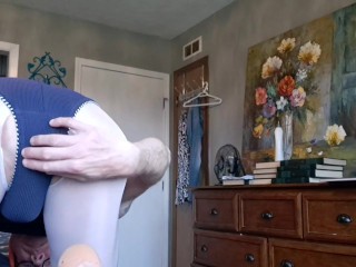 I stole my step-moms aerobics leotard swimsuit and pantyhose, and wrecked them with Girly Dick juic