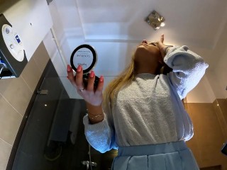 Hot Skinny Long Hair Blonde Wife has a new Blue Super Short Miniskirt and under it she has white cot