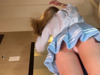 Hot Skinny Long Hair Blonde Wife has a new Blue Super Short Miniskirt and under it she has white cot