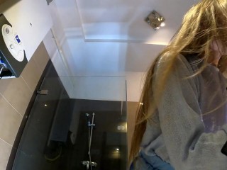 Hot Skinny Long Hair Blonde Wife has a new Blue Super Short Miniskirt and under it she has white cot