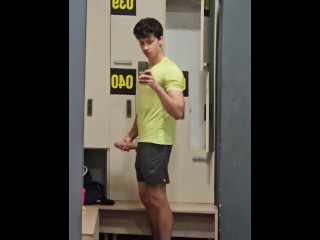 Risky public masturbation in gym locker room, huge uncut twink dick