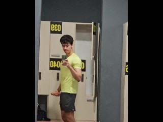 Risky public masturbation in gym locker room, huge uncut twink dick