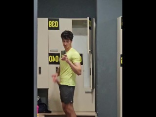 Risky public masturbation in gym locker room, huge uncut twink dick