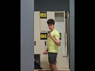 Risky public masturbation in gym locker room, huge uncut twink dick