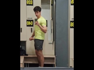 Risky public masturbation in gym locker room, huge uncut twink dick