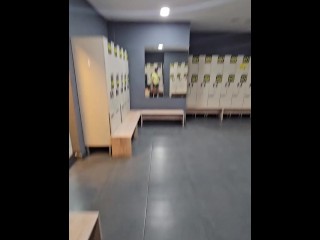 Risky public masturbation in gym locker room, huge uncut twink dick