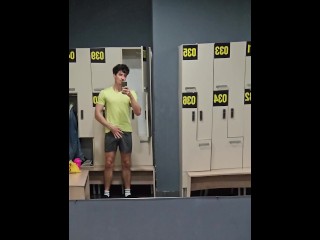 Risky public masturbation in gym locker room, huge uncut twink dick