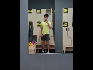 Risky public masturbation in gym locker room, huge uncut twink dick