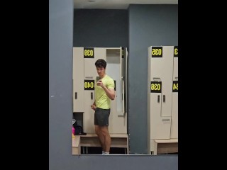 Risky public masturbation in gym locker room, huge uncut twink dick