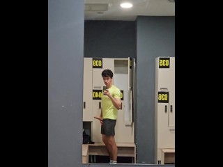 Risky public masturbation in gym locker room, huge uncut twink dick