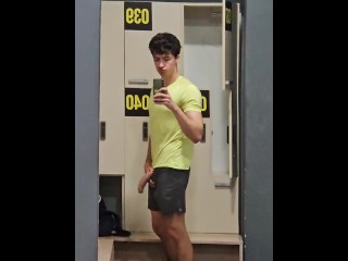 Risky public masturbation in gym locker room, huge uncut twink dick