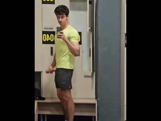 Risky public masturbation in gym locker room, huge uncut twink dick