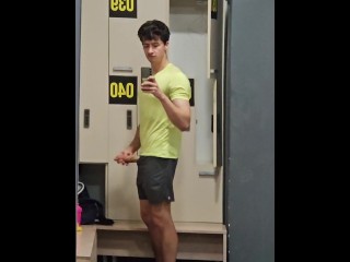 Risky public masturbation in gym locker room, huge uncut twink dick