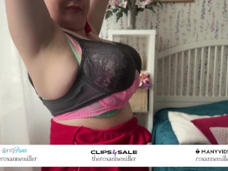 How many bras to cover huge boobs? BBW Busty Roxanne Miller plays with lace bras to see how many