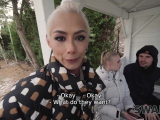 SWAP4K. A lovely forest hike ended up as a hard threesome with 2 girls and 1 cuckold