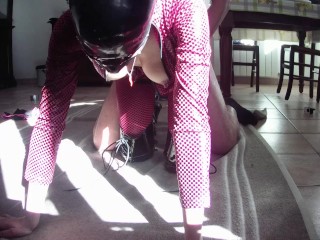 Milf in leather catsuit and boots over the knee, throated, fucked, cum on tits