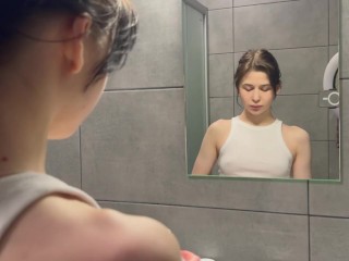 Hot brunette is getting ready for bed