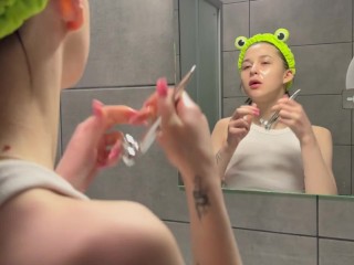 Hot brunette is getting ready for bed