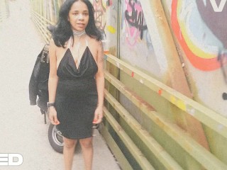 PUBLIC NEW YORK CITY BIKE TRAIL COSPLAY BLACK DRESS SOLO FEMALE STRIPPER TEASING