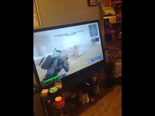 Step mom lifts up her minidress and spreads her legs and plays Fortnite