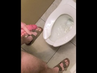 Hung guy freeballing at casino, big dick got hard so took off pants in bathroom and squirted a load.