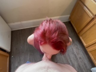 Roxan Reeves stops washing dishes to get a throat pie in the kitchen blowjob sloppy deepthroat oral