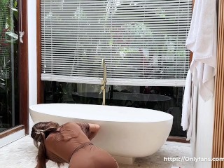 Cleaning Bathroom with Sexy Brunette in Transparent Robe without Underwear * Amy Haze