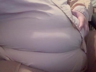 Young Trans Feedee tears shirt open after stuffing