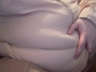 Young Trans Feedee tears shirt open after stuffing