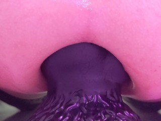 Very close up anal riding a big dildo, my lubed ass is slippery and farting