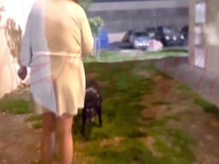 Pornhub-Exhibitionist Cyn Walks Her Dog In Short Robe At Night Teasing Her Husband