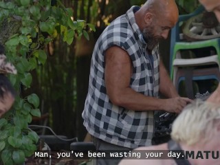 MATURE4K. Kinky giantess Diana is having outdoor sex with 2 strangers