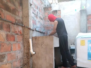 Neighbor with nothing on under her nightgown, her pink pussy is visible