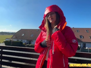 Getting Horny in a Down Jacket and Showing My Tits in Public