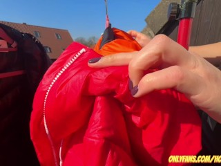 Getting Horny in a Down Jacket and Showing My Tits in Public