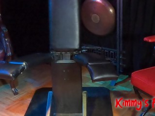 Ruined cumshot extreme ball crushing femdom handjob on CBT chair