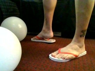 Cherry Flip Flops Sandals Busting 2 White Balloons Partial Blown Balloon Popping
