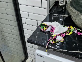 Pissing. Toilet slave. Dominatrix pisses in the mouth and on the body of her slave.