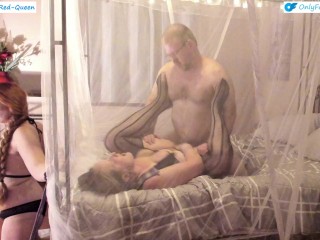 Cuckquean Wife Tied To Foot Of Bed While Husband Fucks Another Woman Behind Her (Side View)