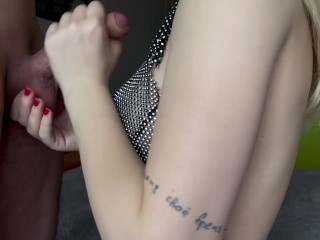 I cum on her tits, she gives me a blowjob until I cum, blonde, masturbation, I make her suck