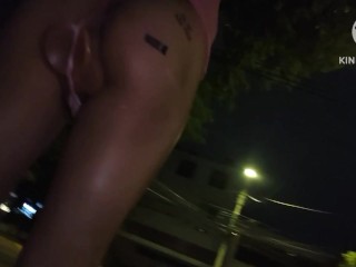 Sissy goes for an outdoors walk with a thrusting dildo inside her ass