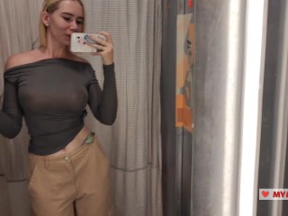 Peeking Into the Dressing Room – Hot Girl Tries on Lingerie Just for You. Big Boobs  – Mirror Selfie