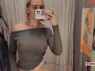 Peeking Into the Dressing Room – Hot Girl Tries on Lingerie Just for You. Big Boobs  – Mirror Selfie