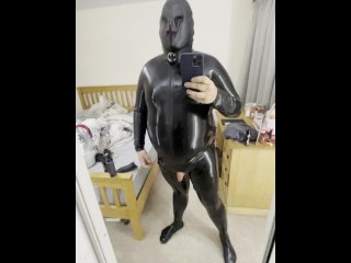 Jerking off in latex catsuit and hood