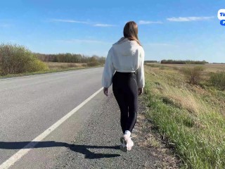 Hot Bitch Pays For Ride With Sex, Hitchhikes In Tight Leggings, Shows Tits And Ass
