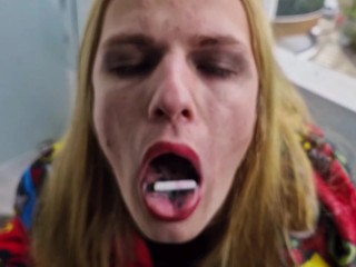 Smoking fetish. Human ashtray for Dominatrix Nika